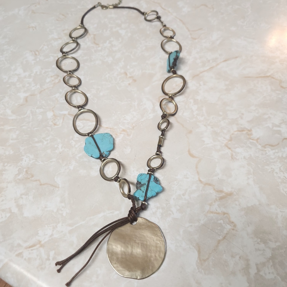 Chico's Faux Turquoise & Large Open Link Mate Gold Tone Long Statement Necklace